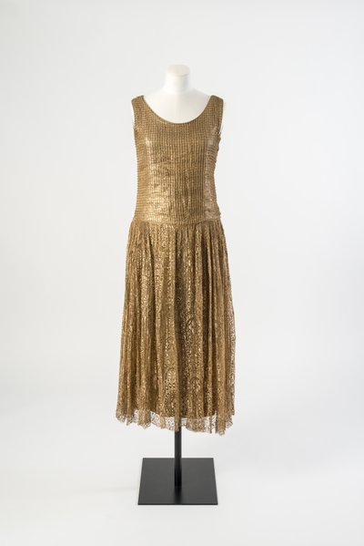 Gold Silk Lamé Evening Dress Overlaid with Latticework Bodice and Gold Lace Skirt, Late 1920s by Paul Poiret